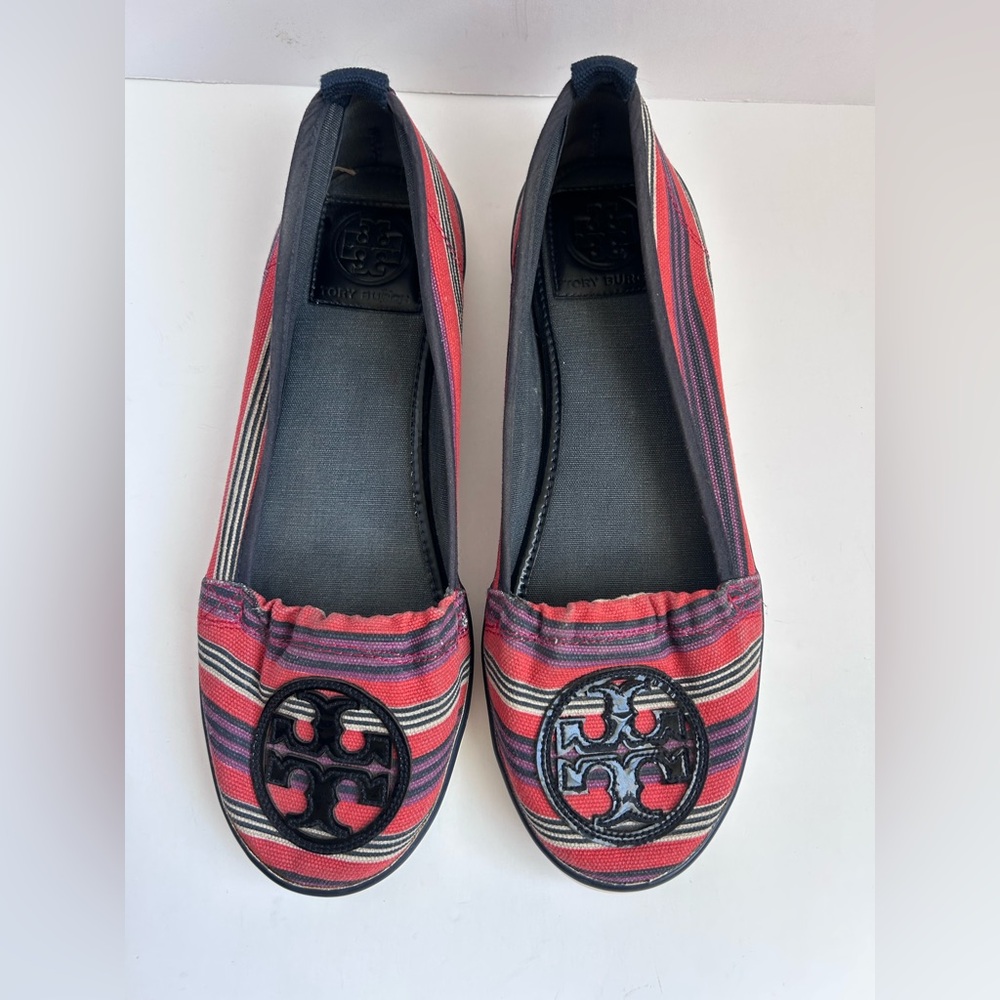 Tory Burch Reva Striped Canvas Slip On Sneakers 7.5